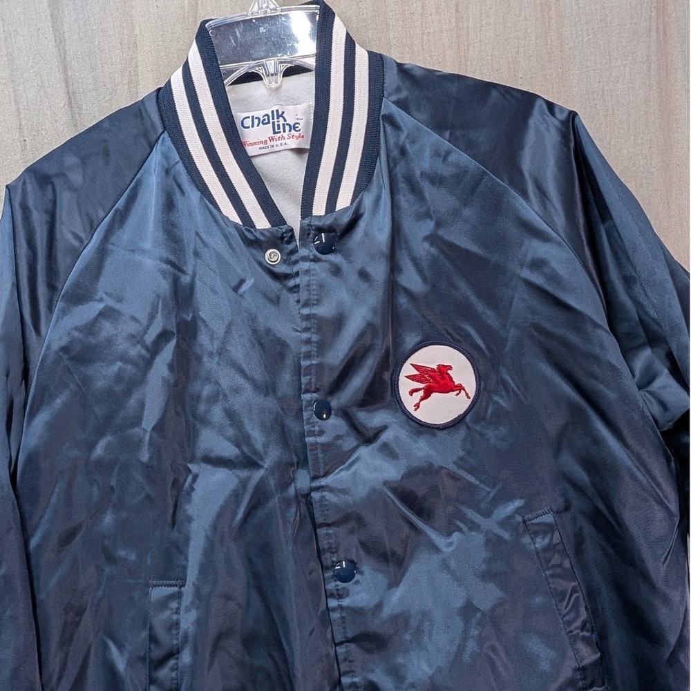 Vintage Chalk Line Navy Satin Varsity Jacket Red Mobil Pegasus Patch USA Large